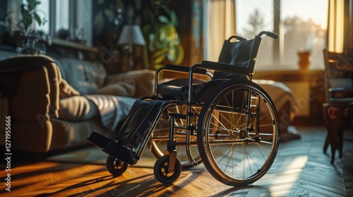 A black wheelchair sits in a warmly lit living room, symbolizing accessibility, independence, and mobility support for individuals with disabilities.  
 photo