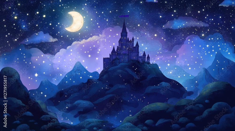 Fototapeta premium A majestic castle sits atop a mountain at night