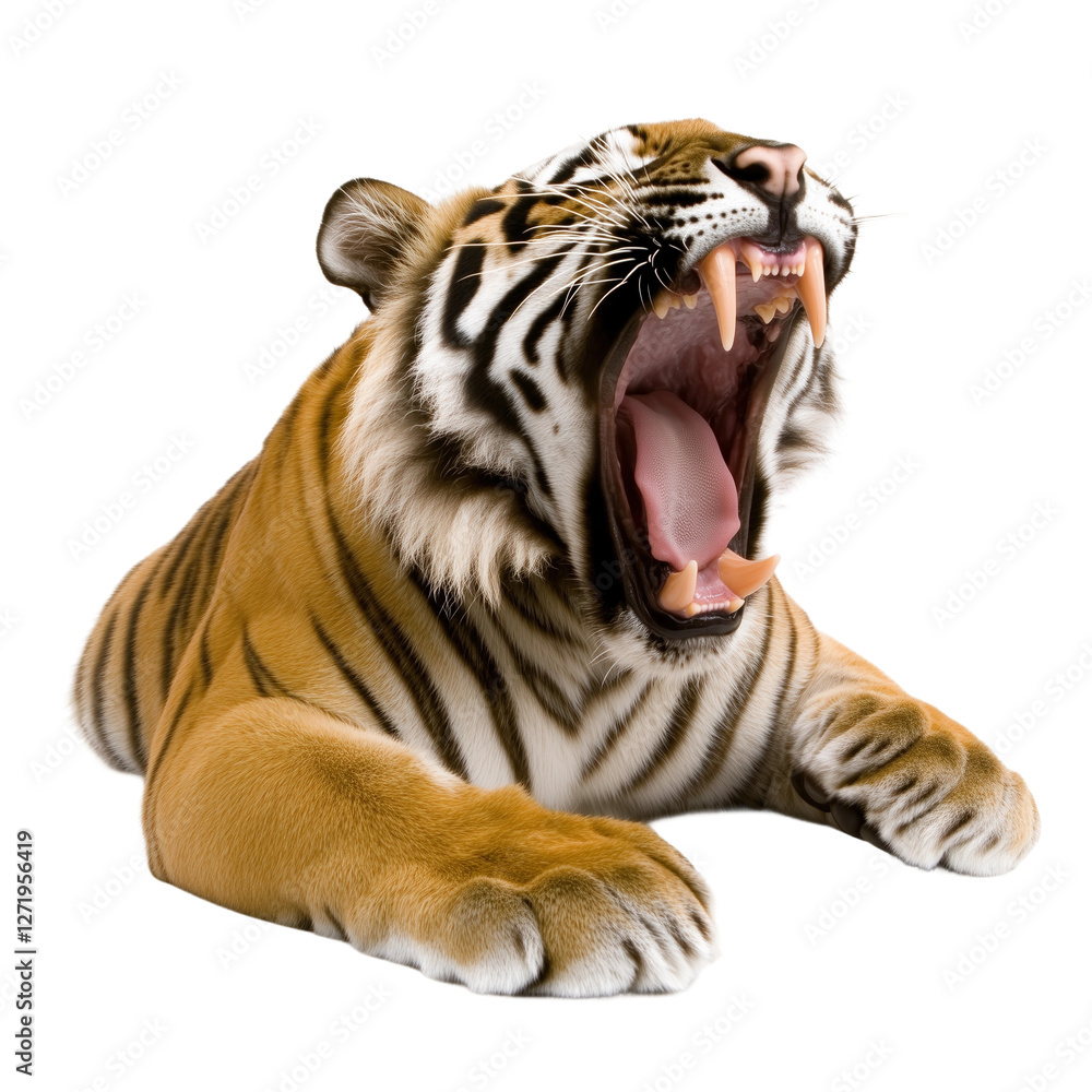 Obraz premium Majestic Tiger Roaring isolated on white or transparent background, png. Easy to place on any other background