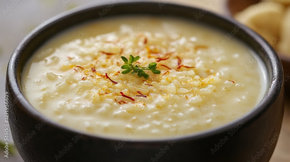 Classic dessert made milk sugar and rice slowcooked to perfection and garnished with saffron Classic dessert made milk sugar and rice slowcooked to perfection and garnished with saffron