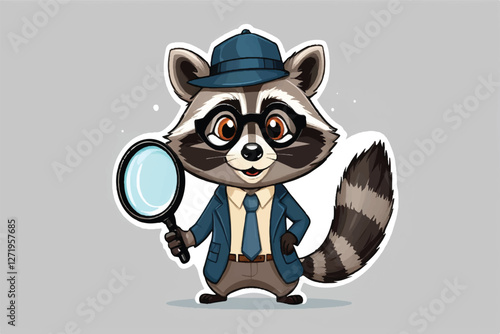  Funny curious detective raccoon with a magnifying
