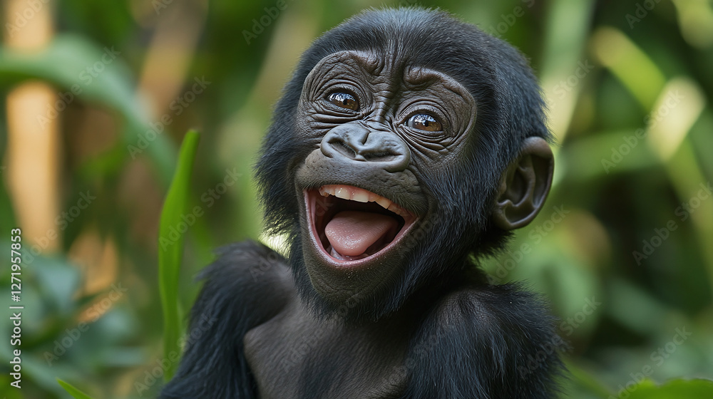 Adorable young gorilla smiling joyfully in lush green jungle, capturing playful expression and natural charm. Adorable young gorilla smiling joyfully in lush green jungle, capturing playful expression and natural charm.