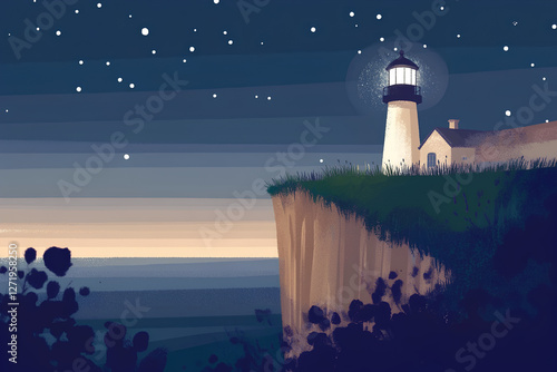 Stunning landscape of a lighthouse perched on a cliff, illuminated by the night sky, overlooking the dark ocean with a peaceful yet dramatic atmosphere photo