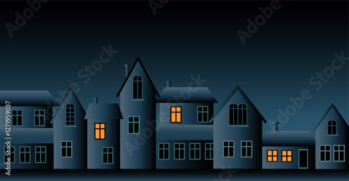 House facades at twilight. Small town street at night. Vector Illustration