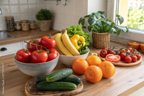 Fresh Vegetables and Fruits on Kitchen Counter