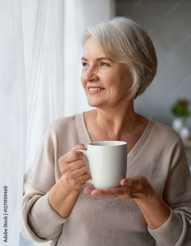 An elderly woman smiles warmly, enjoying her morning coffee in a moment of relaxation. An elderly woman smiles warmly, enjoying her morning coffee in a moment of relaxation.
