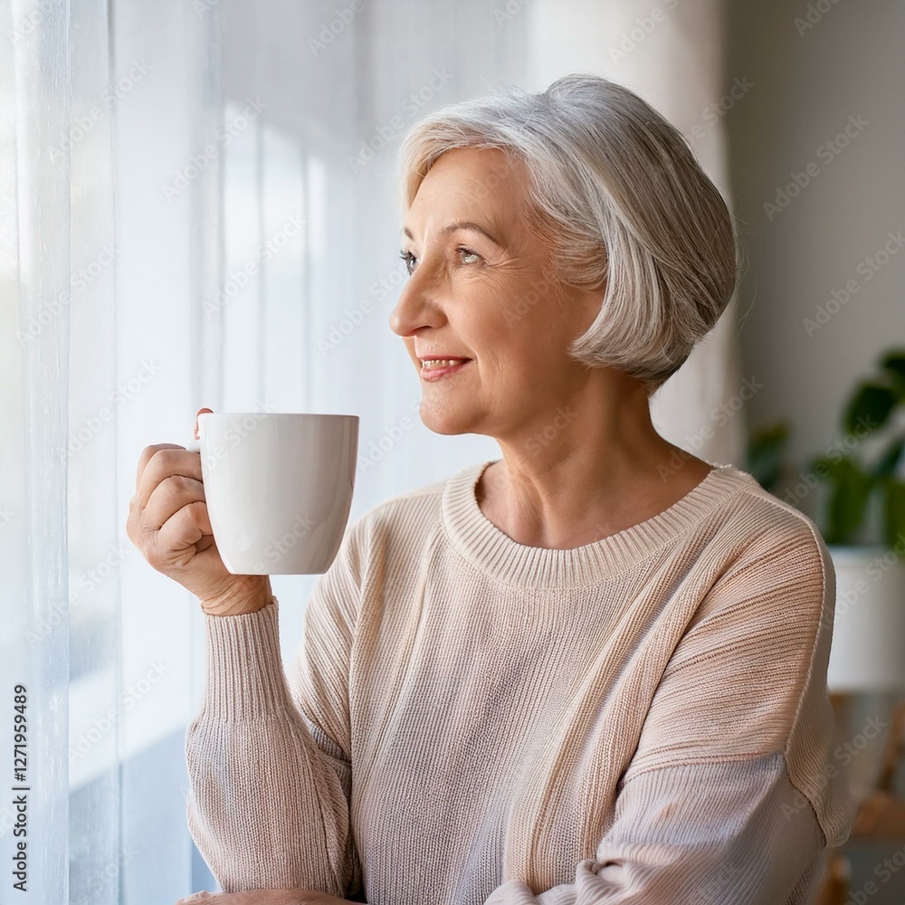 An elderly woman smiles warmly, enjoying her morning coffee in a moment of relaxation. An elderly woman smiles warmly, enjoying her morning coffee in a moment of relaxation.