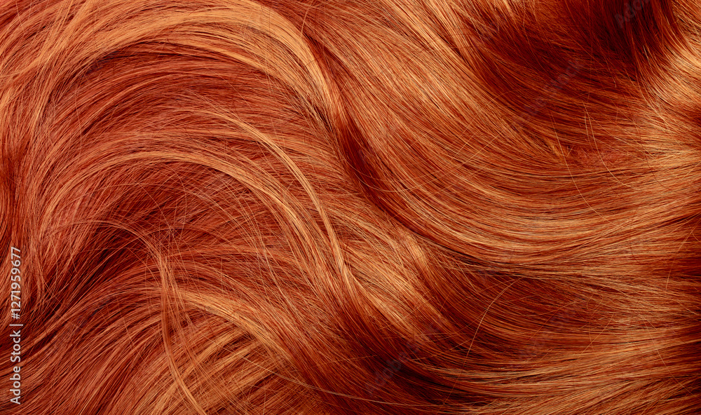 Naklejka premium Red hair close-up as a background. Women's long orange hair. Beautifully styled wavy shiny curls. Hair coloring bright shades. Hairdressing procedures, extension.