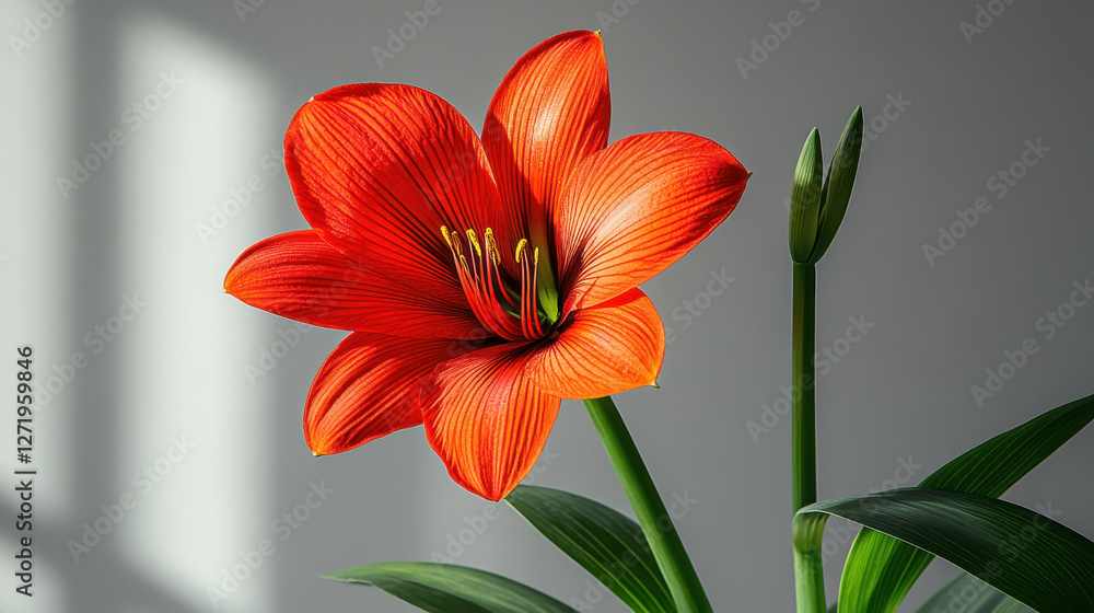 Fototapeta premium A stunning close-up of a bright red flower showcasing intricate petals. The vibrant colors and natural light create a serene atmosphere, perfect for home decor
