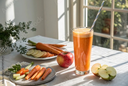 Healthy Juice and Fresh Vegetables on Table in Sunlight