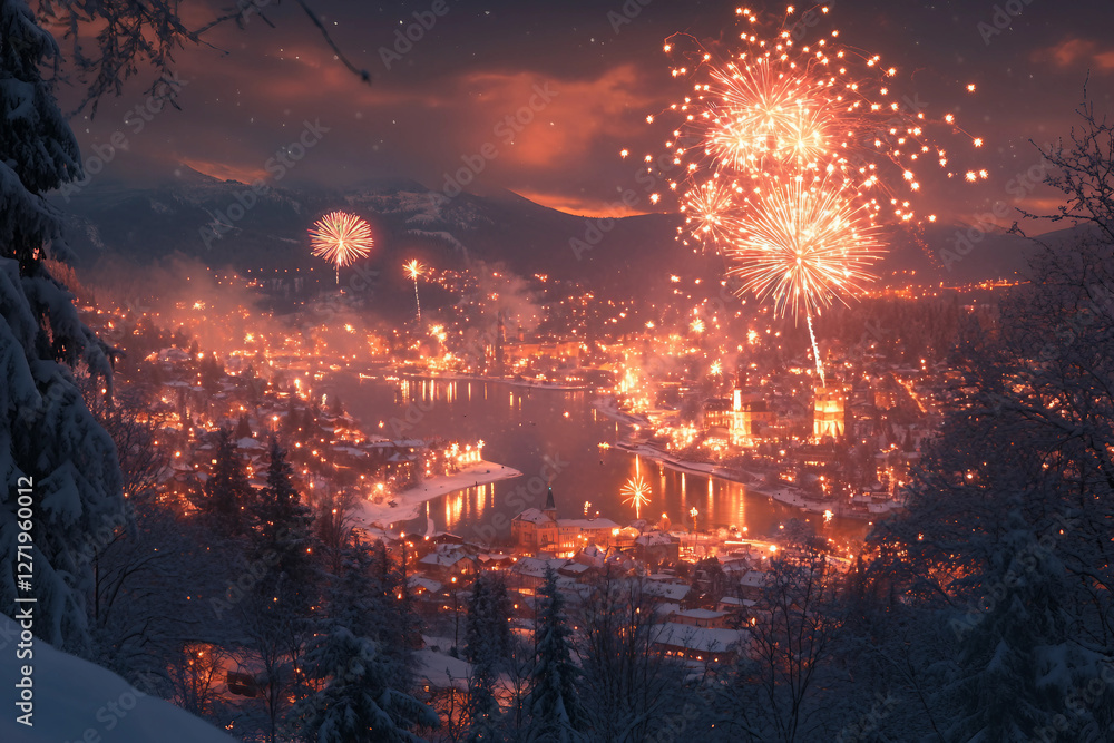 Vibrant Fireworks Display Over Crowded Carnival with Ferris Wheel and Amusement Rides at Night, Generative AI Vibrant Fireworks Display Over Crowded Carnival with Ferris Wheel and Amusement Rides at Night, Generative AI