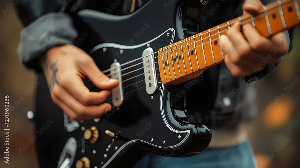 Fototapeta premium Closeup of a Man Playing an Black Electric Guitar