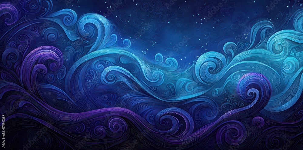 Abstract painting displays swirling waves of blue and purple hues Abstract painting displays swirling waves of blue and purple hues