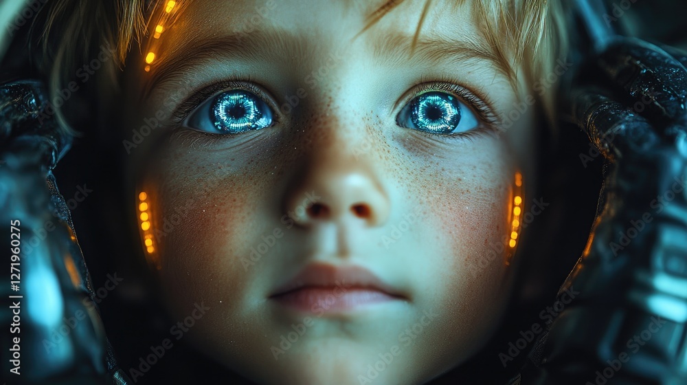 A futuristic child with robotic features and glowing eyes gazes in wonder at the unknown, blending innocence with technology. A futuristic child with robotic features and glowing eyes gazes in wonder at the unknown, blending innocence with technology.