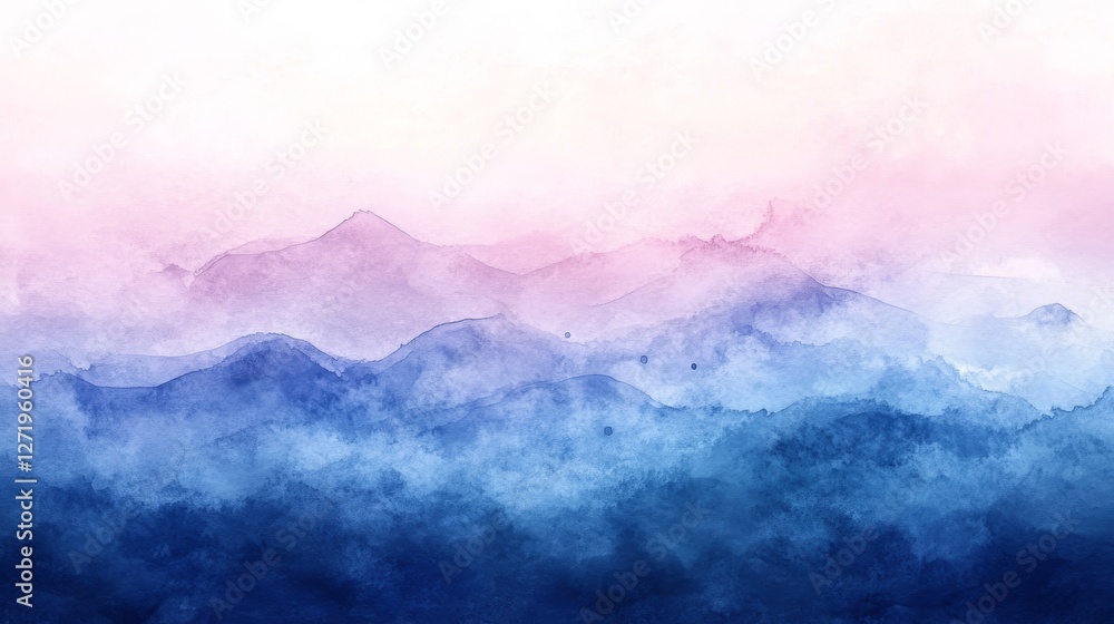 Fototapeta premium Watercolor painting displays layers of mountains in shades of blue