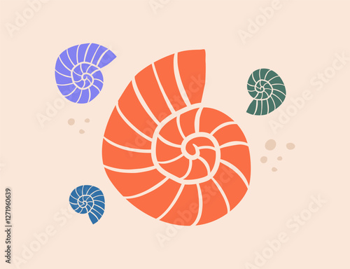 Minimalist vector illustration of ammonite fossils in various colors and sizes. Stylized spiral shell design with a modern aesthetic, representing prehistoric marine life, paleontology, and natural hi