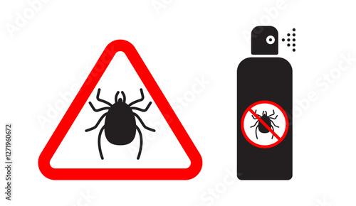 Vector illustration of a tick warning sign and insect repellent spray. Symbolizing tick prevention, disease protection, and pest control. 