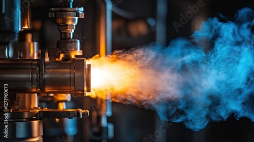 Industrial machinery demonstrating a powerful burst of flames and colorful smoke in a workshop setting.