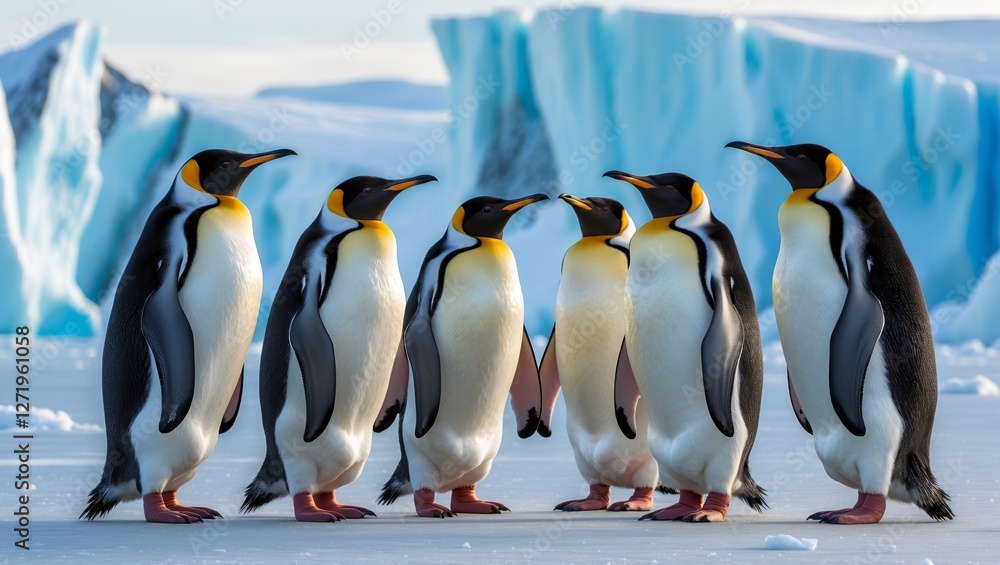 Fototapeta premium Emperor penguins gathered on icy landscape discussing their survival strategies