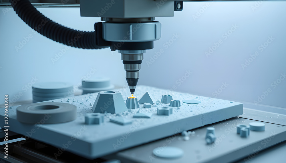 The CNC milling machine cutting the graphite electrode parts in the light blue scene, craft clay. with white shades The CNC milling machine cutting the graphite electrode parts in the light blue scene, craft clay. with white shades
