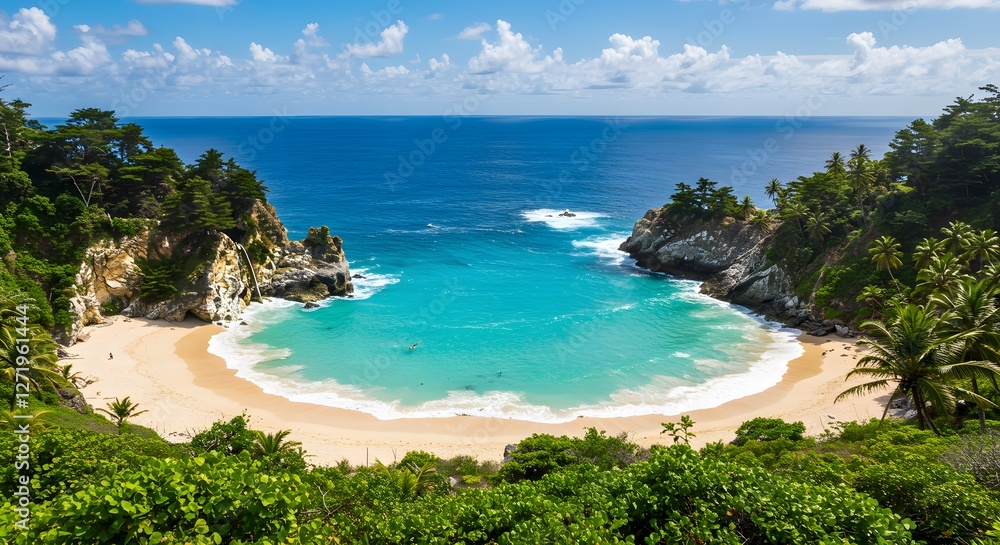 Turquoise Water and Sandy Beach Cove Along Rocky California Coastline