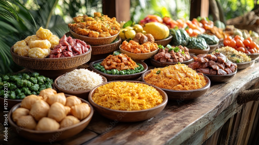 Diverse Asian food buffet in tropical setting Diverse Asian food buffet in tropical setting