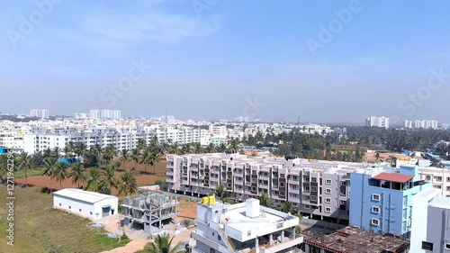 Urban landscape with residential buildings and greenery