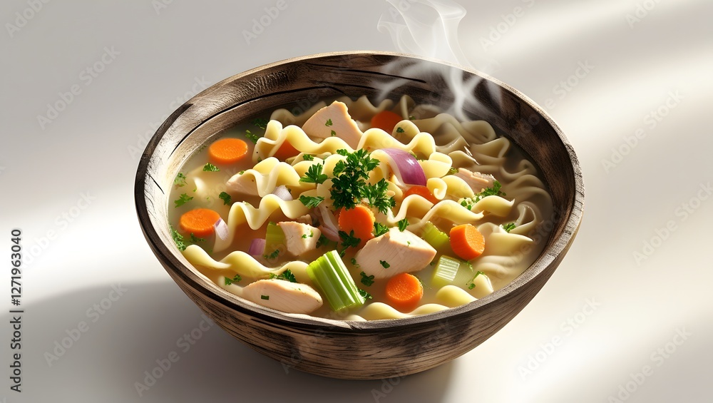 Chicken noodle soup with vegetables in a wooden bowl. Chicken noodle soup with vegetables in a wooden bowl.