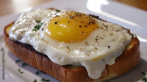 Classic French croque madame sandwich topped bchamel sauce and a sunnysideup egg photo