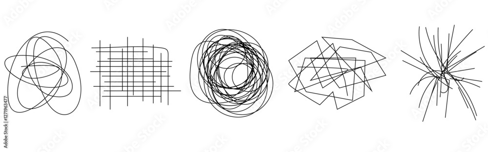 Random chaotic scribble lines collection pencil art set. Abstract random line scribble vector elements including various messy and random lines for design,