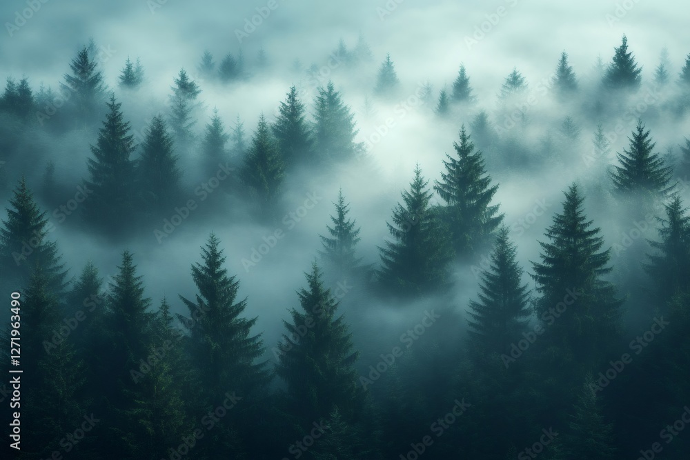 Misty forest landscape with fog rolling through evergreen trees Misty forest landscape with fog rolling through evergreen trees