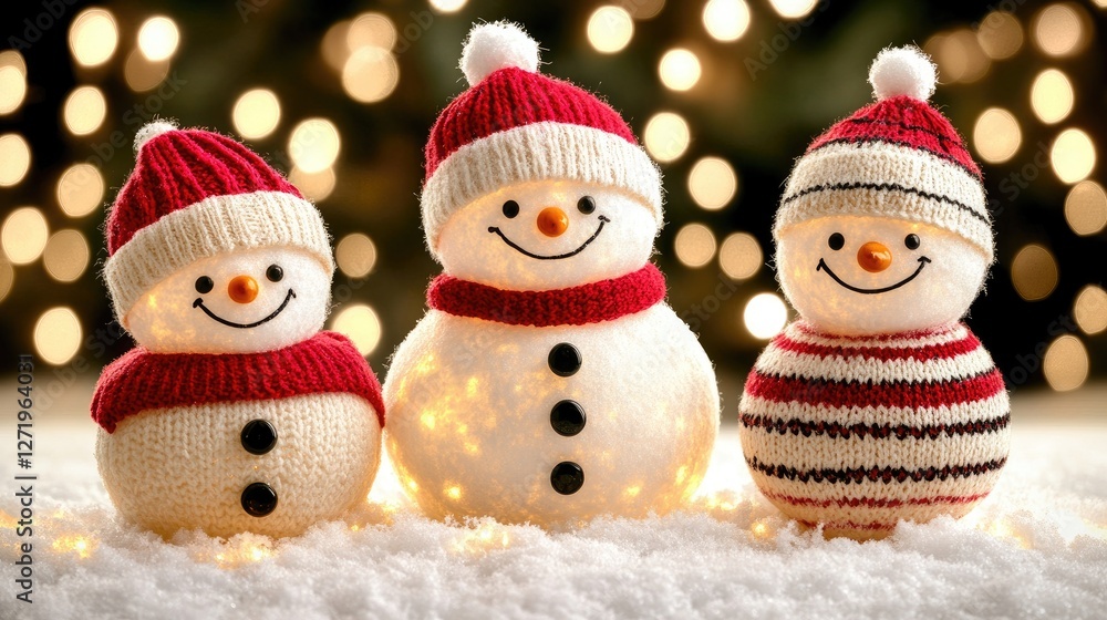 Three Festive Snowmen Figures With Hats and Scarves on a Snowy Background Three Festive Snowmen Figures With Hats and Scarves on a Snowy Background