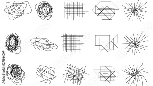 Random chaotic scribble lines collection pencil art set. Abstract random line scribble vector elements including various messy and random lines for design,