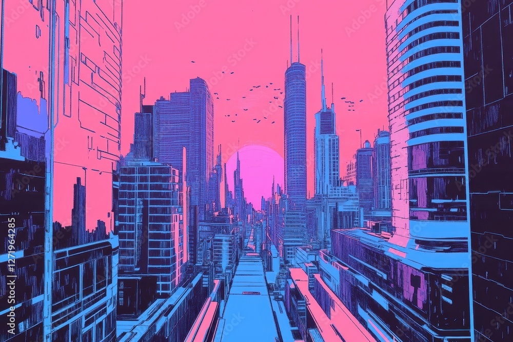 Obraz premium Futuristic cityscape featuring pink sky and blue buildings art