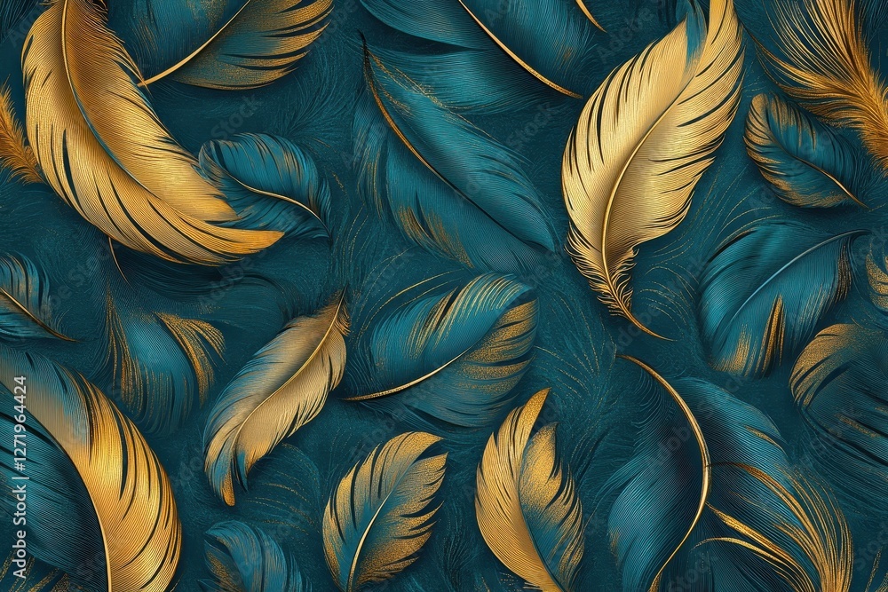 Elegant golden and teal feathers create a luxurious backdrop Elegant golden and teal feathers create a luxurious backdrop