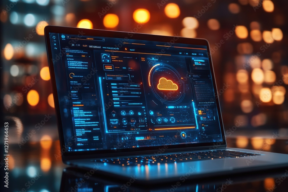 Laptop showing cloud computing statistics on futuristic software interface in blurred background Laptop showing cloud computing statistics on futuristic software interface in blurred background