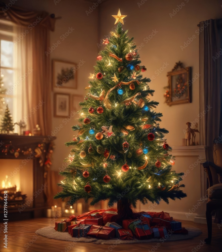 Decorated Christmas tree with a beautiful backlit scene, glowing Christmas tree, Christmas tree at night Decorated Christmas tree with a beautiful backlit scene, glowing Christmas tree, Christmas tree at night