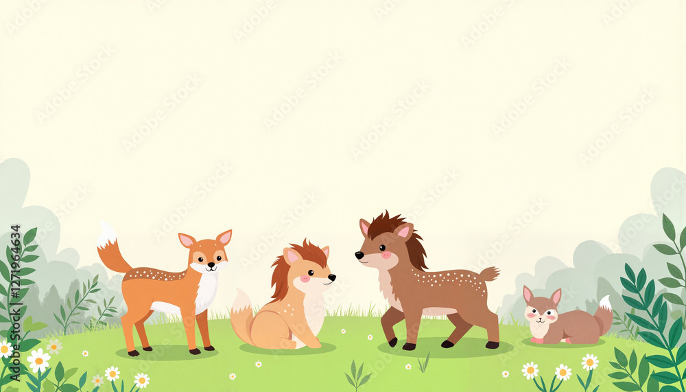 Whimsical woodland creatures gathering in a serene forest, playful invitation Whimsical woodland creatures gathering in a serene forest, playful invitation