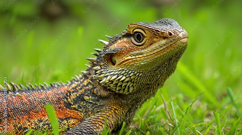 Fototapeta premium Close-up of a Vivid Australian Water Dragon in Lush Green Grass