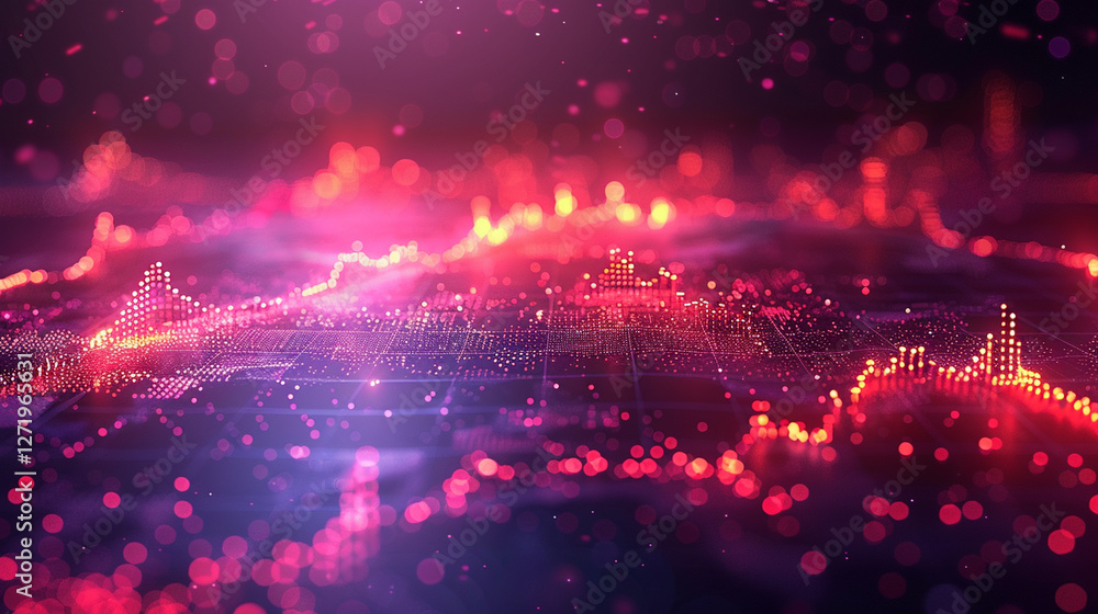 Obraz premium Abstract digital graphic design with glowing, vibrant data visualizations of charts and graphs, suggesting market trends, technology, or global data analysis.