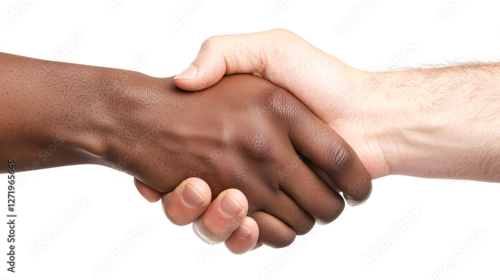 A close-up of two hands shaking, symbolizing unity, collaboration, and mutual respect across different backgrounds, on white background A close-up of two hands shaking, symbolizing unity, collaboration, and mutual respect across different backgrounds, on white background