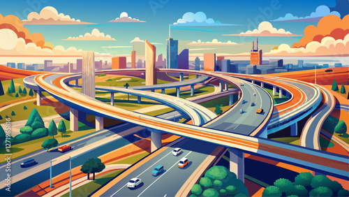 Aerial photo of multilevel junction highway overpass in urban area with beautiful sky and clouds