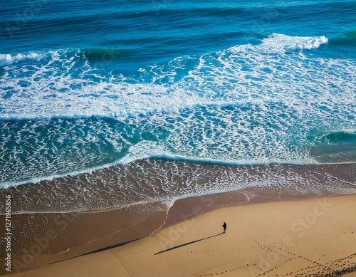 Generated iTitle: Aerial View of a Lone Surfer Walking Along the Shoreline

 photo