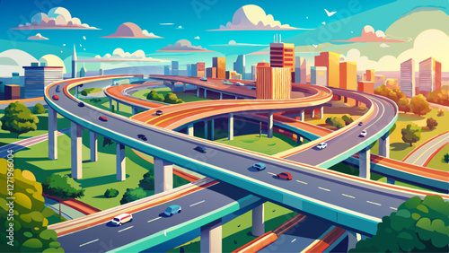 Aerial photo of multilevel junction highway overpass in urban area with beautiful sky and clouds