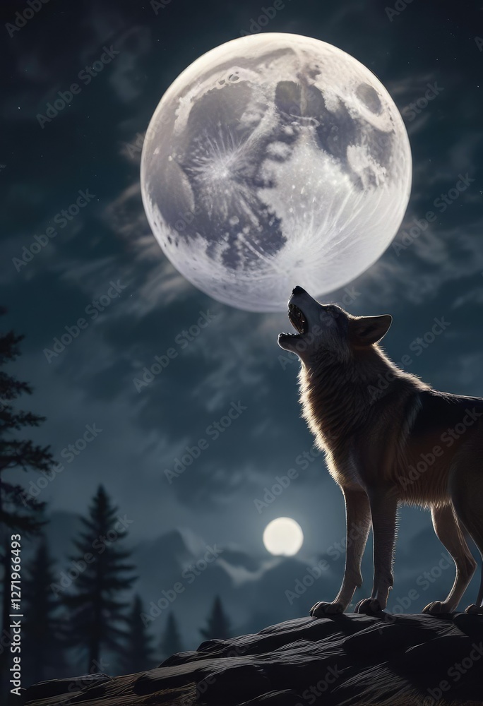 Digital illustration of wolf howling at bright full moon, graphic, modern, wolf howl Digital illustration of wolf howling at bright full moon, graphic, modern, wolf howl
