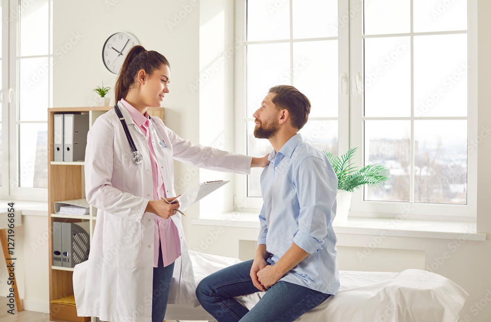 Female doctor consulting male patient, hand on shoulder, sharing lab results, medical records. Man visiting clinic for medical care, discussing treatment plan, offer information on diagnose, procedure