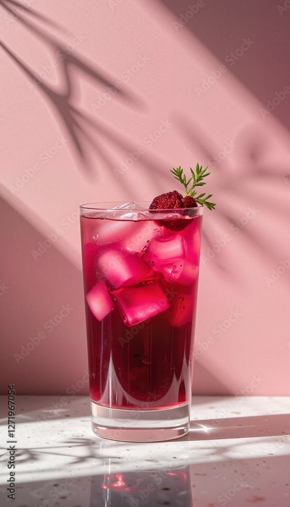 Refreshing beetroot juice with ice and garnish, elegance in simplicity Refreshing beetroot juice with ice and garnish, elegance in simplicity