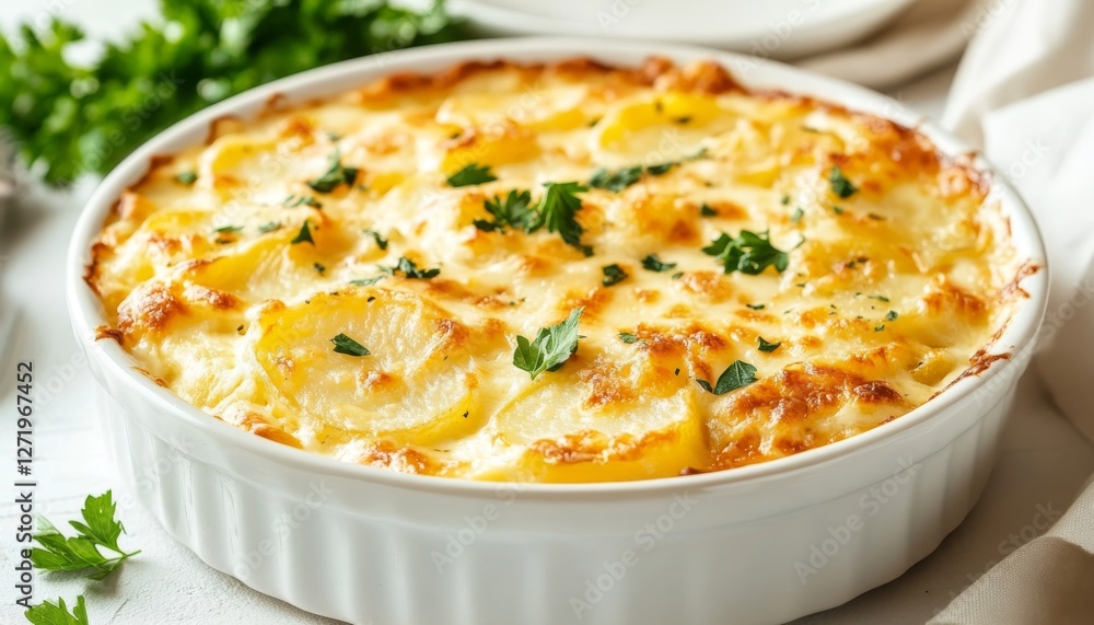 Potato gratin with layers of cream, melted cheese and fresh parsley exuding comfort and homemade flavor. Potato gratin on a white plate. Potato gratin with layers of cream, melted cheese and fresh parsley exuding comfort and homemade flavor. Potato gratin on a white plate.