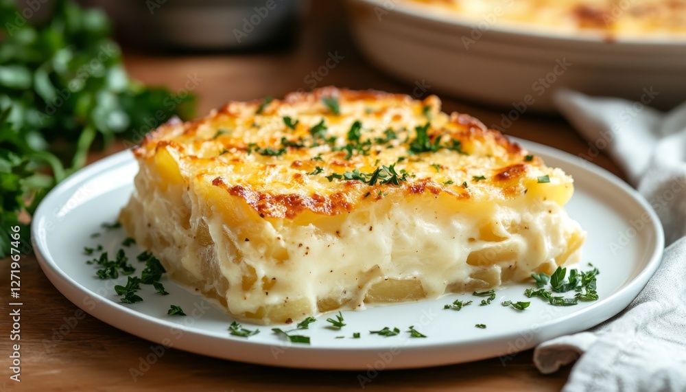 Potato gratin with layers of cream, melted cheese and fresh parsley exuding comfort and homemade flavor. Potato gratin on a white plate. Potato gratin with layers of cream, melted cheese and fresh parsley exuding comfort and homemade flavor. Potato gratin on a white plate.