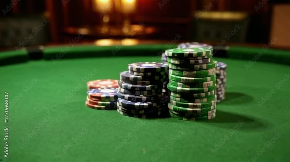 A pile of poker chips sits on a green table. The chips are of different colors and sizes, and they are piled up in a way that suggests a game of poker is about to begin. Scene is casual and relaxed